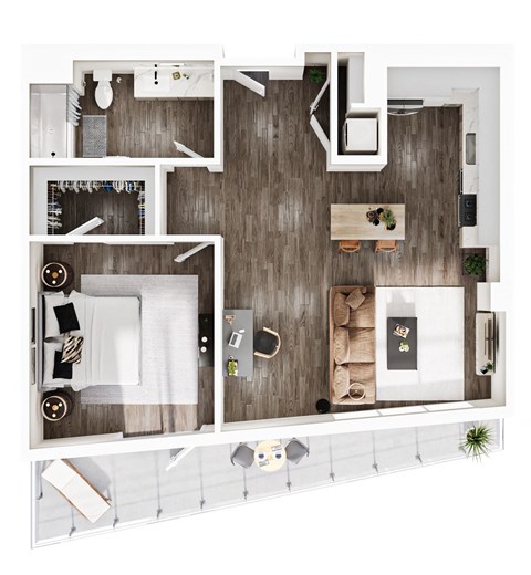 Floor plan for 1 bed, 1 bath, 939 sqft
